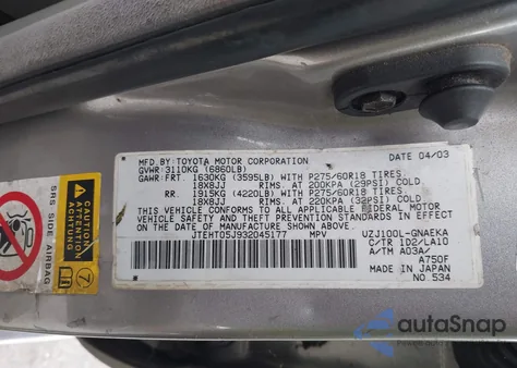 2003 Toyota Land Cruiser из США, поврежденный, VIN JTEHT05J932045177